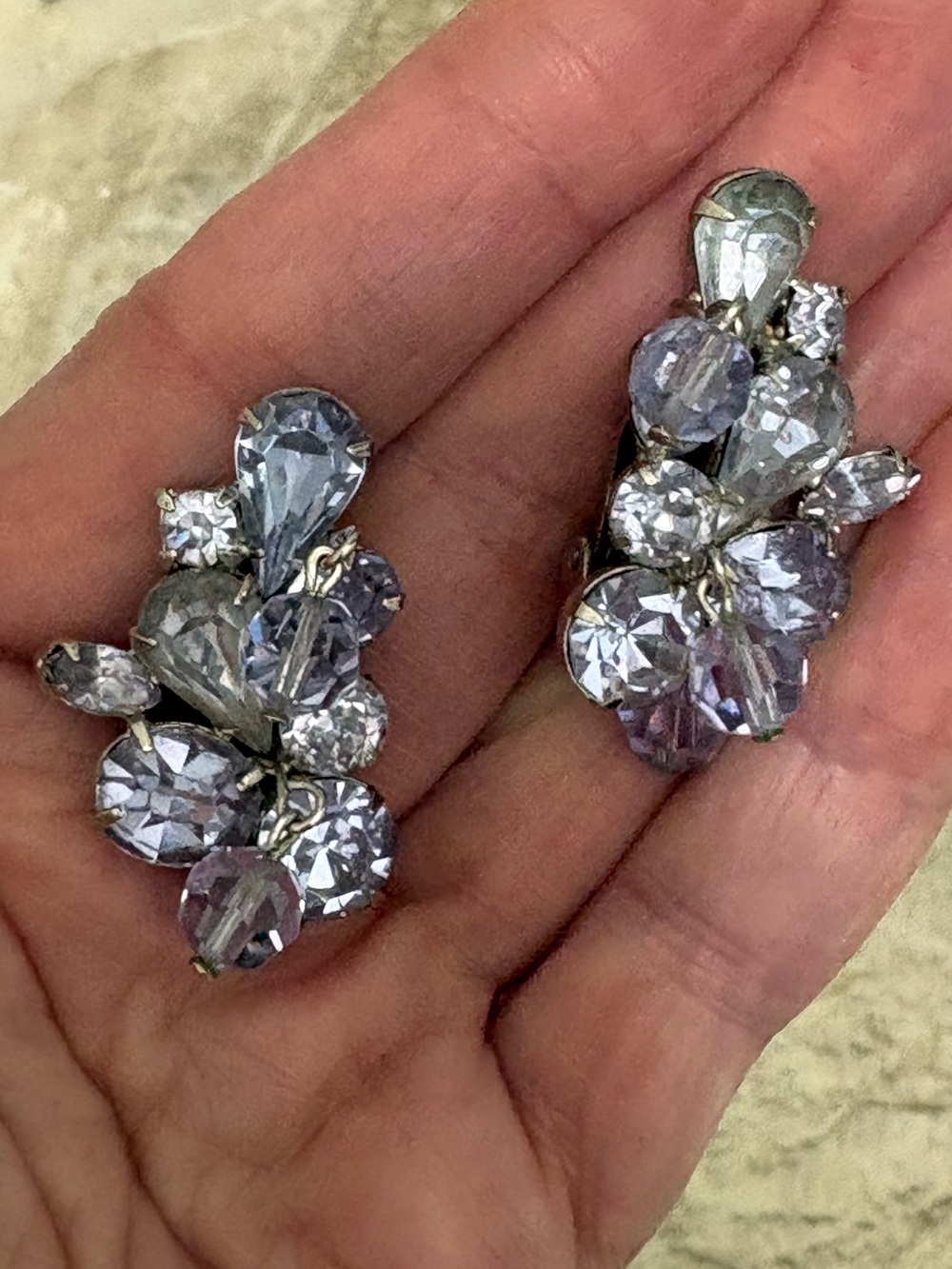 Vintage Kramer Lavender Crystal Cluster Dangle Clip On Earrings Signed 1950s